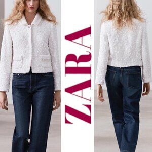 NWOT ZARA ZW COLLECTION White Sequined Cropped Blazer, Size Medium